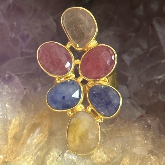 Gemstone ruby sapphire golden Quartz gold over sterling silver statement ring - Picture 1 of 10